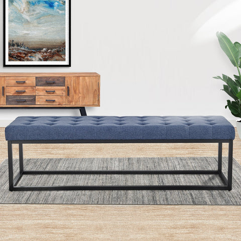 Sarantino Cameron Button-Tufted Upholstered Bench With Metal Legs Blue Linen