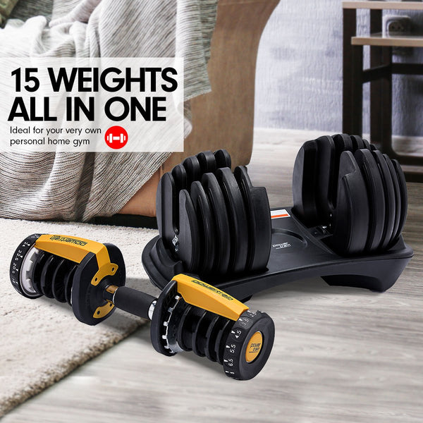 Powertrain 48Kg Adjustable Dumbbell Set With Stand - Gold