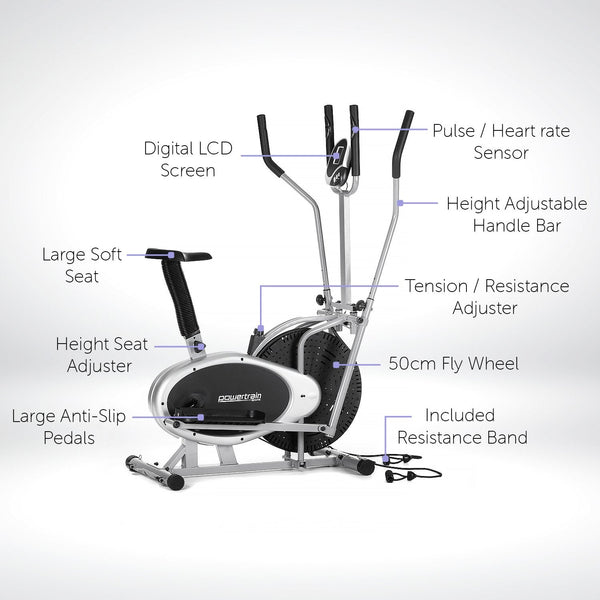 Powertrain 3 In 1 Elliptical Cross Trainer Exercise Bike With Resistance Bands Elliptical Trainers