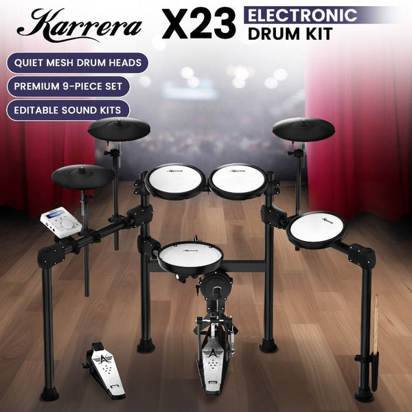 Karrera X23 Electronic Drum Kit With Quiet Mesh Heads, Editable Sound Kits, Kick Pedal And Silicone Drum, Usb Midi 420
