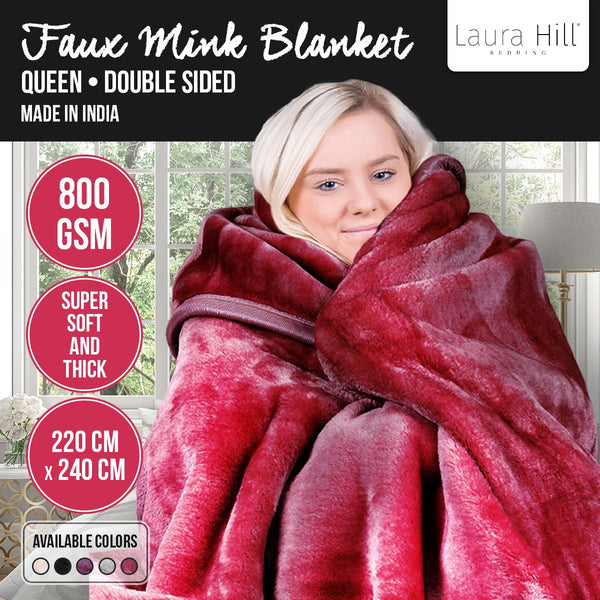 Laura Hill Double-Sided Large 220 X 240Cm Faux Mink Throw Rug Blanket 800-Gsm Heavy Red