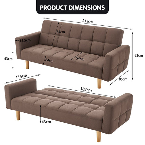 Sarantino 3-Seater Fabric Sofa Bed Futon Brown