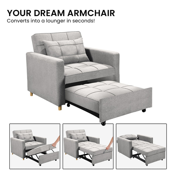Sarantino Suri 3 In 1 Convertible Sofa Chair Bed Lounger Light Grey Sofa Beds