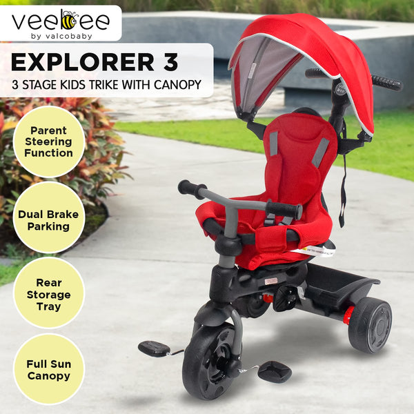 Veebee Explorer 3 Stage Kids Trike With Canopy Red Kids Ride On Toys