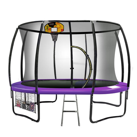 Kahuna 12Ft Outdoor Trampoline Kids Children With Safety Enclosure Pad Mat Ladder Basketball Hoop Set - Purple