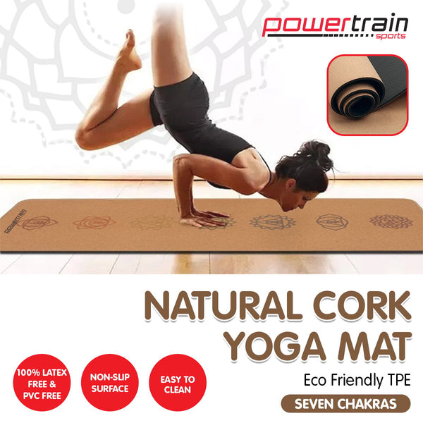 Powertrain Cork Yoga Mat With Carry Straps Home Gym Pilates Chakras Mats & Non Slip Towels