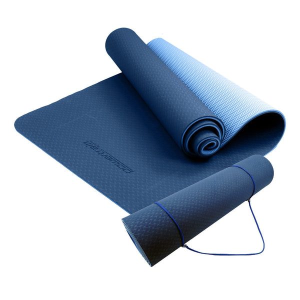 Powertrain Eco Friendly Dual Layer 8Mm Yoga Mat | Dark Blue Non Slip Surface And Carry Strap For Ultimate Comfort Portability Mats & Non Slip Towels
