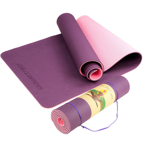 Powertrain Eco Friendly Dual Layer 8Mm Yoga Mat | Purple Non Slip Surface And Carry Strap For Ultimate Comfort Portability Mats & Non Slip Towels