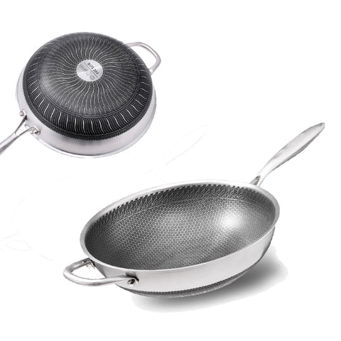 34Cm 304 Stainless Steel Non-Stick Stir Fry Cooking Kitchen Wok Pan Without Lid Honeycomb Double Sided