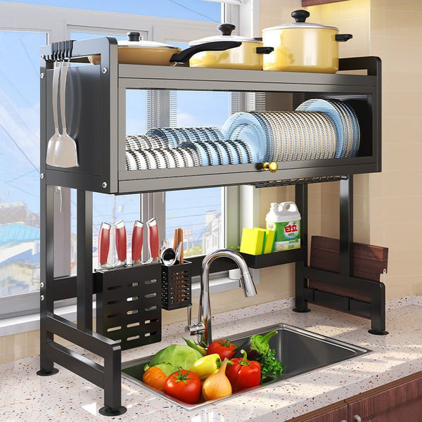 85Cm Double Tier Enclosed Dish Drying Rack Holder Drain Caddy Kitchen Drainer Storage Over Sink Organiser