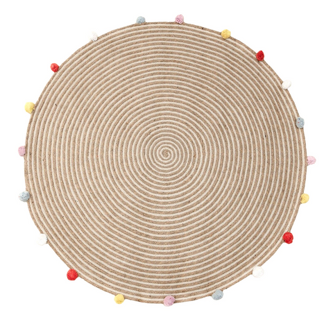 Round Woven Jute Cotton Multicolour Pompom Rug 120 Cm