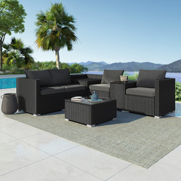 Dreamo 7Pc Outdoor Wicker Loveseat Setting With Storage Corner (Black) Patio Furniture Sets