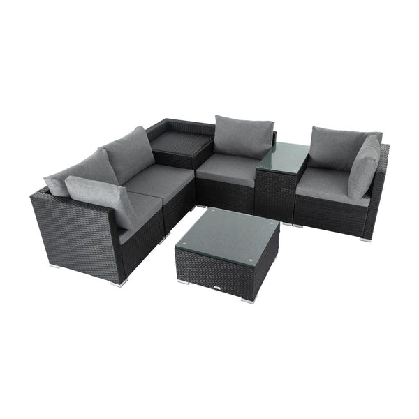 Dreamo 7Pc Outdoor Wicker Loveseat Setting With Storage Corner (Black) Patio Furniture Sets