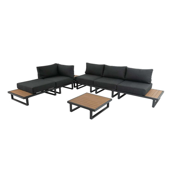 Dreamo Modern Outdoor 7 Piece Lounge Set With Slatted Polywood Design Tables Patio Furniture Sets