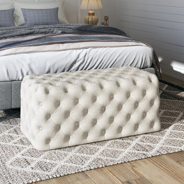 Dreamo Elsa Tufted Beach Boucle White Rectangular Ottomans Footstools & Poufs