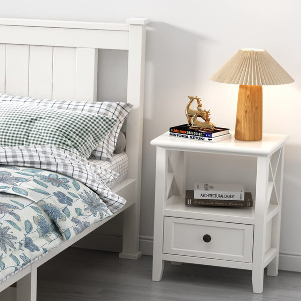 Dreamo 2 Tier Bedside Table With Storage Drawer Pcs Rustic White Bedside Tables
