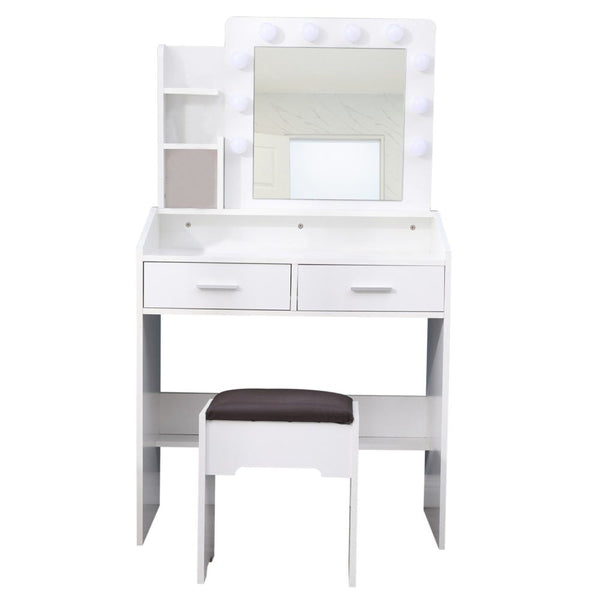Dreamo Diana Vanity Set With Shelves Cushioned Stool And Lighted Mirror White Dressing Tables