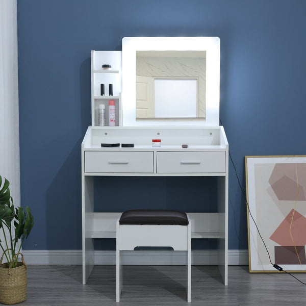 Dreamo Diana Vanity Set With Shelves Cushioned Stool And Lighted Mirror White Dressing Tables