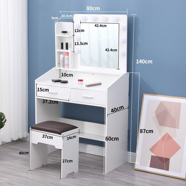 Dreamo Diana Vanity Set With Shelves Cushioned Stool And Lighted Mirror White Dressing Tables