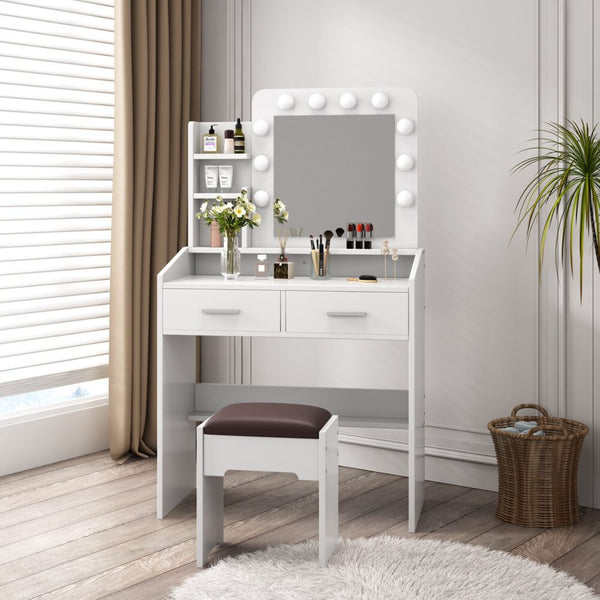 Dreamo Diana Vanity Set With Shelves Cushioned Stool And Lighted Mirror White Dressing Tables