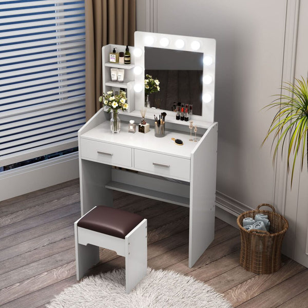 Dreamo Diana Vanity Set With Shelves Cushioned Stool And Lighted Mirror White Dressing Tables