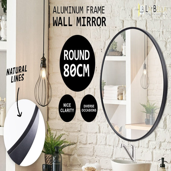 La Bella 2 Set Black Wall Mirror Round Aluminum Frame Makeup Decor Bathroom Vanity 80Cm