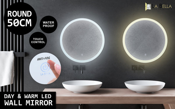 La Bella 2 Set Led Wall Mirror Round Touch Anti-Fog Makeup Decor Bathroom Vanity 50Cm