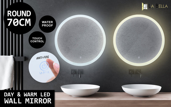La Bella 2 Set Led Wall Mirror Round Touch Anti-Fog Makeup Decor Bathroom Vanity 70Cm