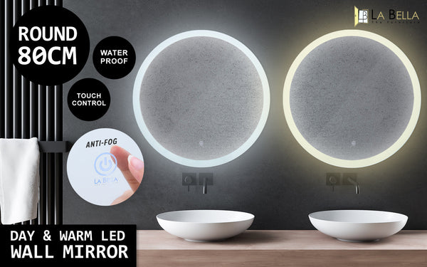 La Bella 2 Set Led Wall Mirror Round Touch Anti-Fog Makeup Decor Bathroom Vanity 80Cm