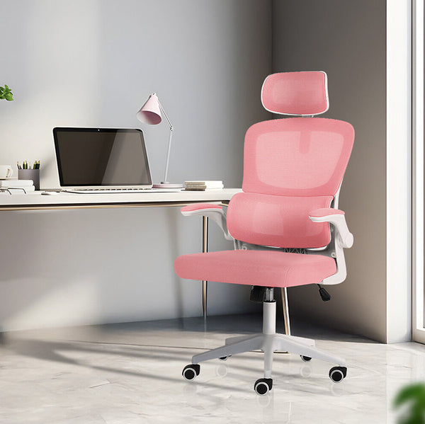 Work Office Chair Lumbar Support Flip Up Armrest Adjustable Headrest Sitio Pink Office Chairs
