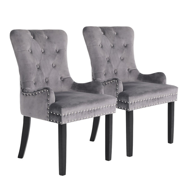 2X French Provincial Dining Chair Ring Studded Velvet Rubberwood Leg Lisse Grey Dining Chairs