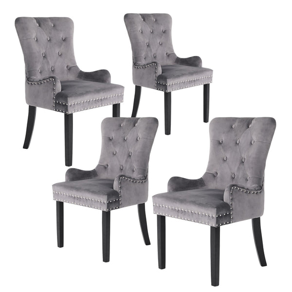 4X French Provincial Dining Chair Ring Studded Velvet Rubberwood Leg Lisse Grey Dining Chairs