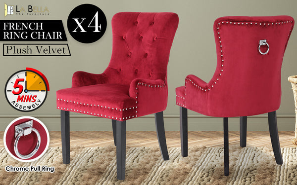 La Bella 4 Set Bordeaux Red French Provincial Dining Chair Ring Studded Lisse Ve