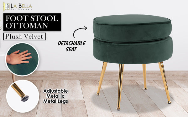 La Bella Green Round Foot Stool Velvet Fabric Metal Leg Ottomans Footstools & Poufs
