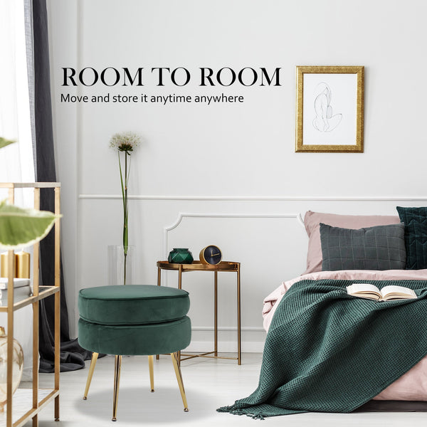 La Bella Green Round Foot Stool Velvet Fabric Metal Leg Ottomans Footstools & Poufs