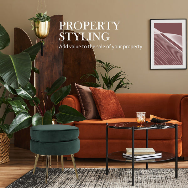 La Bella Green Round Foot Stool Velvet Fabric Metal Leg Ottomans Footstools & Poufs