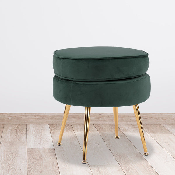 La Bella Green Round Foot Stool Velvet Fabric Metal Leg Ottomans Footstools & Poufs
