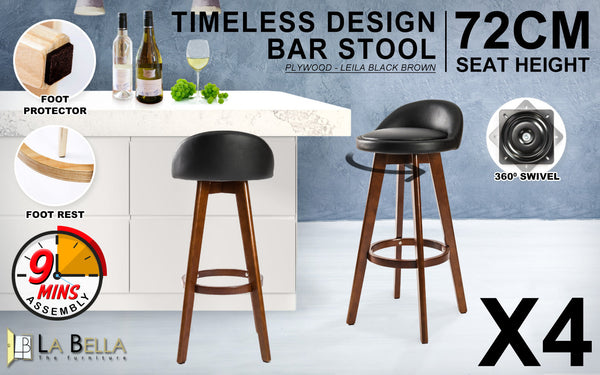 La Bella 4 Set 72Cm Black Brown Bar Stool Leila Leather Benches Bar Stools