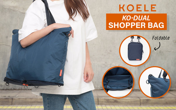 Koele Navy Shopper Bag Tote Foldable Travel Laptop Grocery Ko-Dual