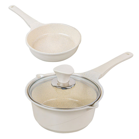 Happy Lambs 16Cm Ivory Sauce Pot Frying Pan W/ A Lid Set Non-Stick Stone Induction Ih Frypan