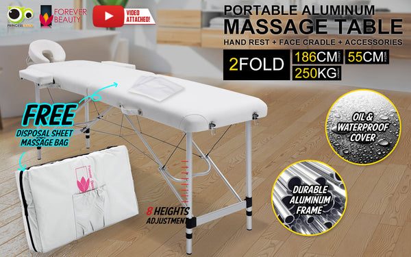 Forever Beauty White Portable Massage Table Bed Therapy Waxing 2 Fold 55Cm Aluminium Massage Tables & Chairs