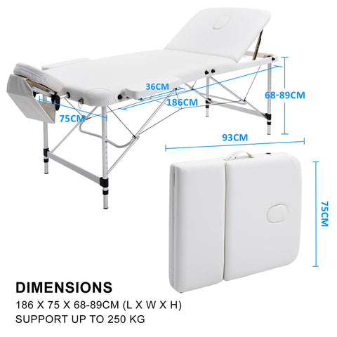 Forever Beauty White Portable Massage Table Bed Therapy Waxing 3 Fold 75Cm Aluminium