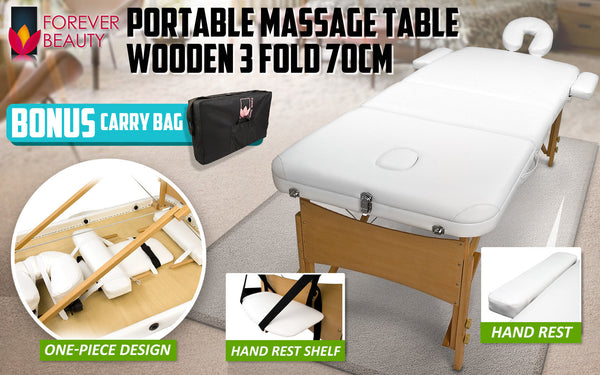 Forever Beauty White Portable Massage Table Bed 3 Fold 70Cm Wooden