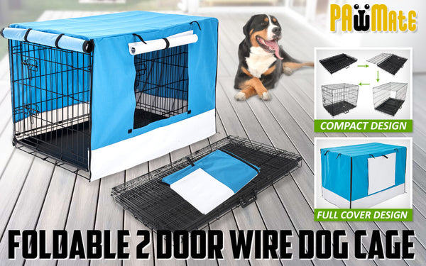 Paw Mate Wire Dog Cage Foldable Crate Kennel 24In With Tray + Blue Cover Combo Dog Cages