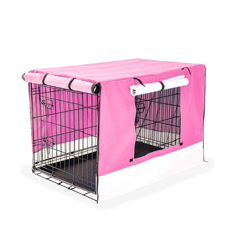 Paw Mate Wire Dog Cage Foldable Crate Kennel 30In With Tray + Pink Cover Combo Dog Cages