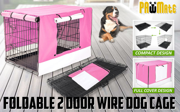 Paw Mate Wire Dog Cage Foldable Crate Kennel 36In With Tray + Pink Cover Combo Dog Cages