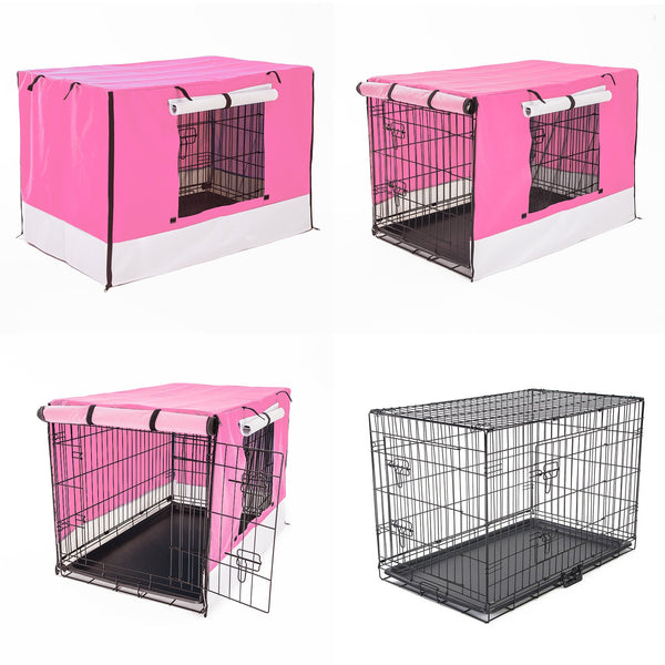 Paw Mate Wire Dog Cage Foldable Crate Kennel 42In With Tray + Pink Cover Combo Dog Cages