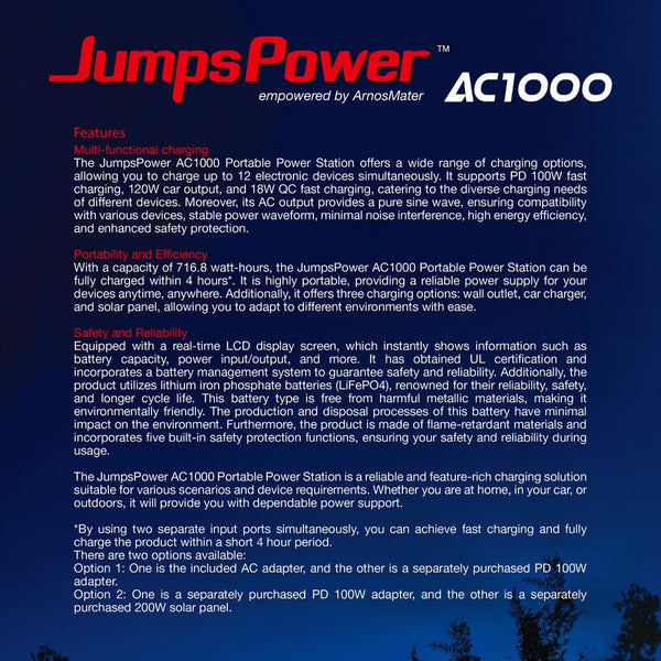 Jumpspower 1000W 716Wh Portable Power Station Charger Led Light Jump Starters