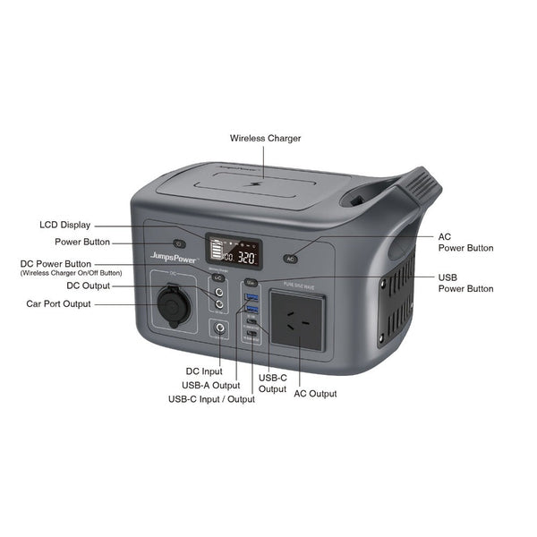 Jumpspower 320W 307Wh Portable Power Station Wireless Charger Led Light Jump Starters