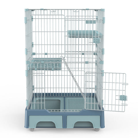 134 Cm Blue Pet Level Cat Cage House With Litter Tray And Storage Box